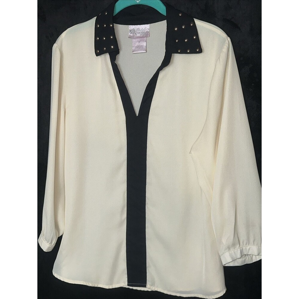 Rachel Rose Women Ivory With Black Trim 3/4 Sleeve Top M